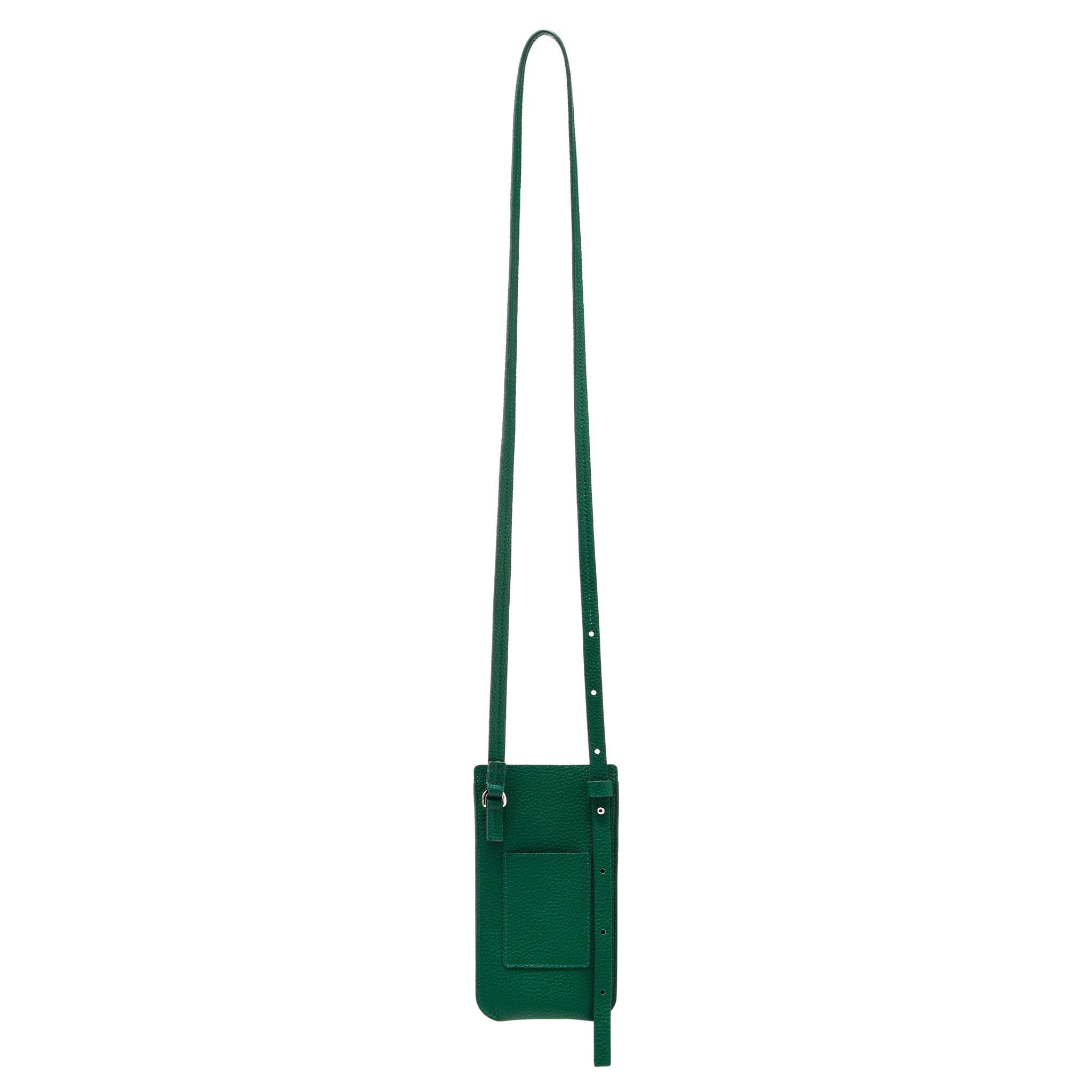 Elia Phone Bag in Rainforest Green recycled pebbled leather back on longest strap showing the card holder pocket on the back
