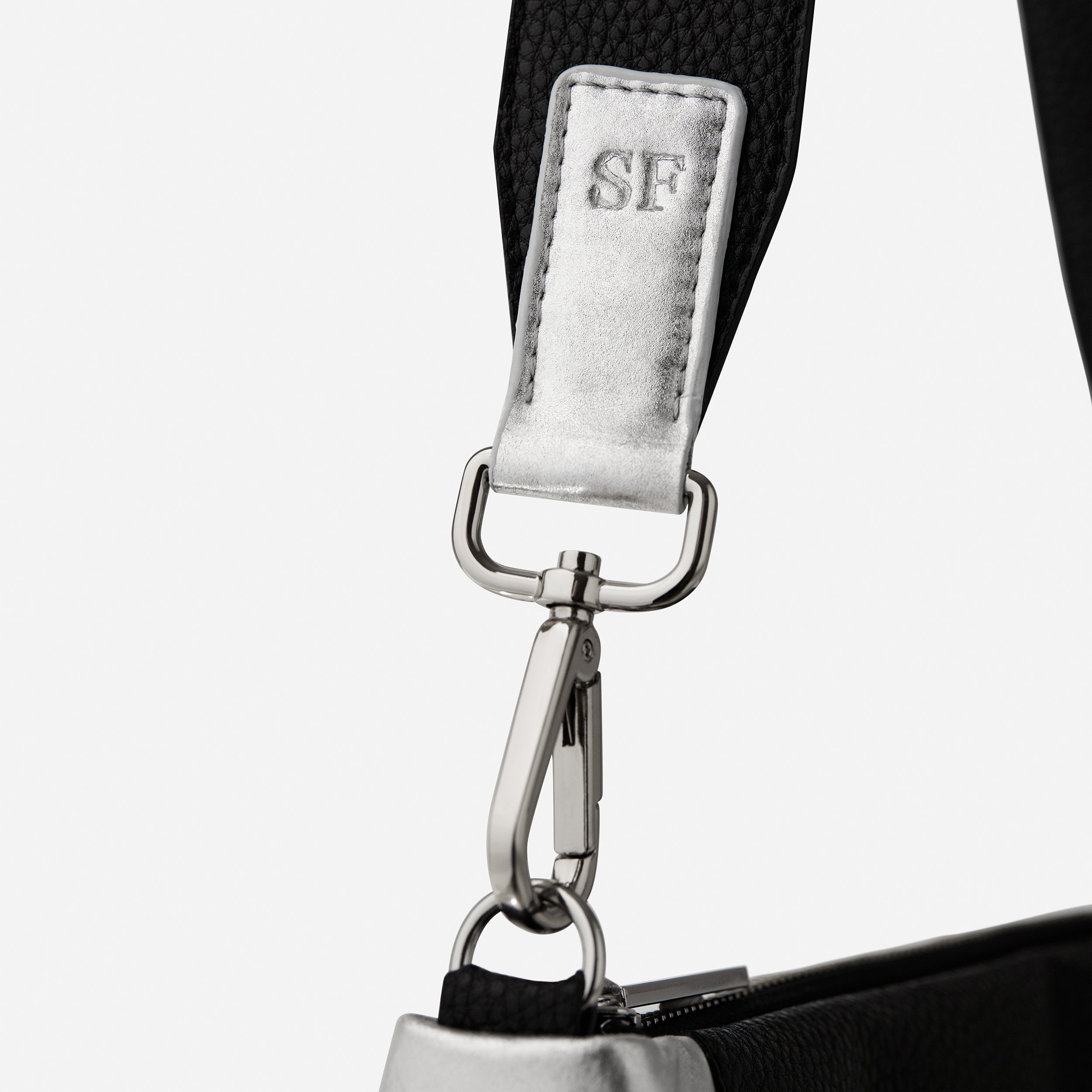 Mel x BEEN London crossbody Black Silver personalisation on side strap